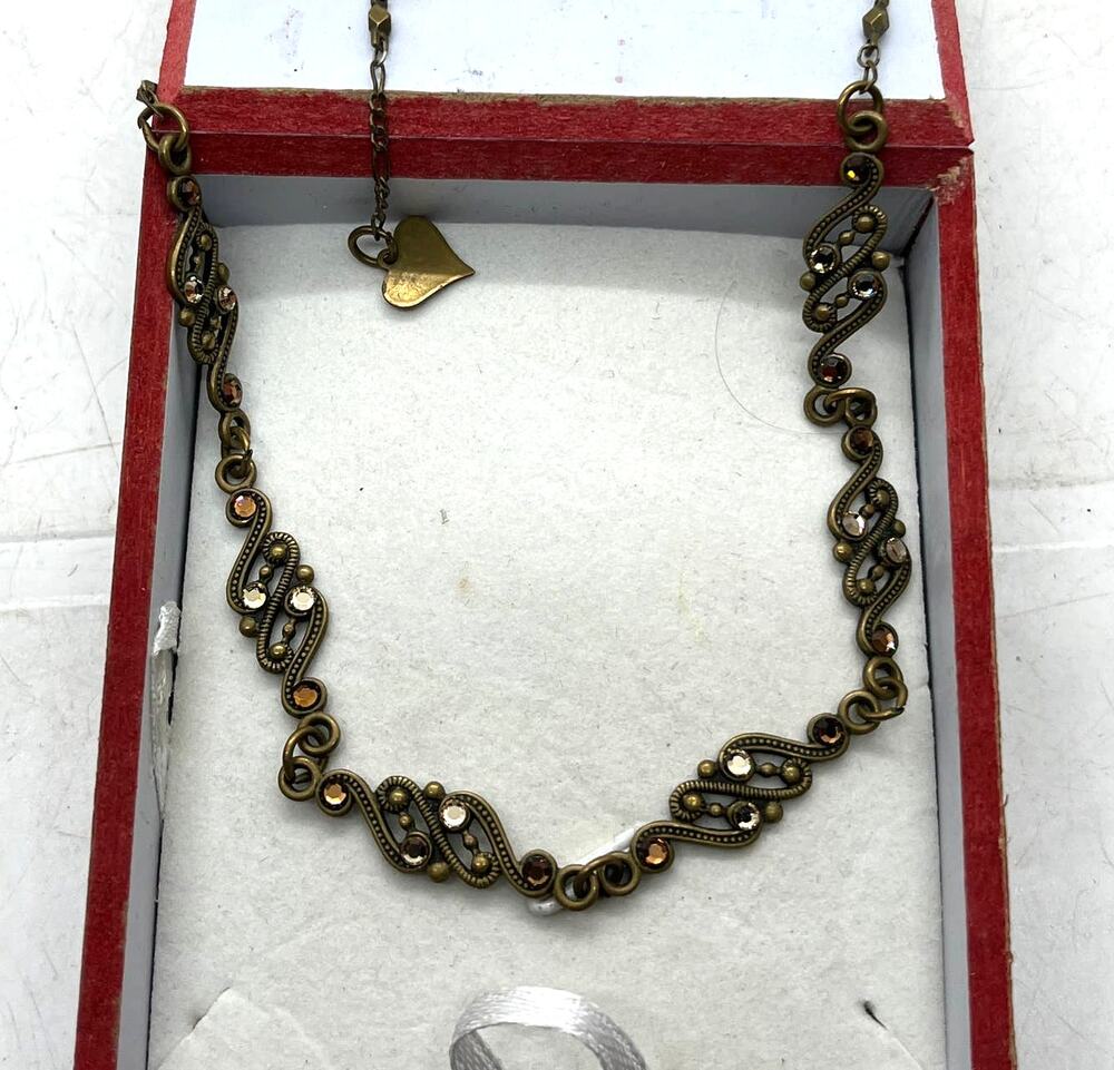 Glass Works Studio Necklace Choker Brass Crystals Signed Vintage Victorian Look